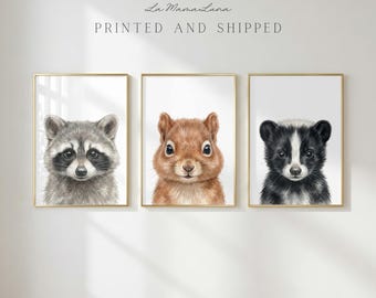 Woodland Animal Nursery Print Set of 3, Raccoon Skunk Squirrel Wall Art, Forest Animal Nursery Decor, Neutral Woodland Prints