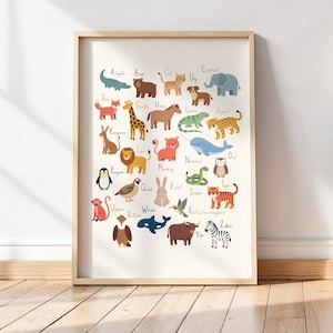 Animal Alphabet Poster | Watercolor ABC Print for Nursery, Whimsical Kids Wall Art, Baby Shower Gift, Educational Decor, A to Z Animal Print