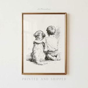 Boy & Mini Doodle Wall Art, Dog Nursery Print, Vintage Sketch Decor