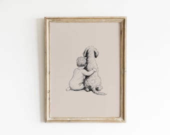 Vintage Golden Doodle & Boy Nursery Art Print | Dog Lover Gift - Digital Download