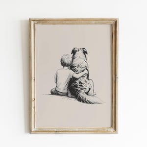 Stampa artistica di un cucciolo di pastore australiano e un bambino / Decorazione per la cameretta