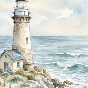 Coastal Lighthouse Print Set of 3, Beach Wall Art Set, Watercolor Ocean Prints, Nautical Coastal Decor, Seaside Cottage Wall Art image 8