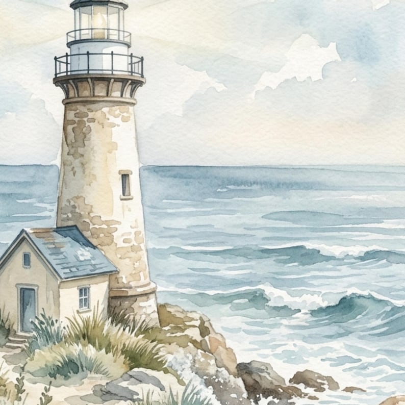 Coastal Lighthouse Print Set of 3, Beach Wall Art Set, Watercolor Ocean Prints, Nautical Coastal Decor, Seaside Cottage Wall Art image 8