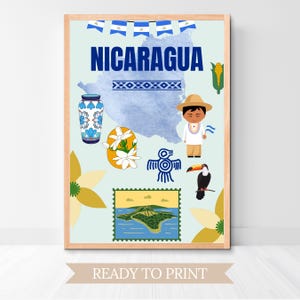 May include: A framed print featuring the word "NICARAGUA" in blue, with illustrations of a map, a toucan, a person in traditional clothing, and other cultural symbols. The phrase "READY TO PRINT" is at the bottom.