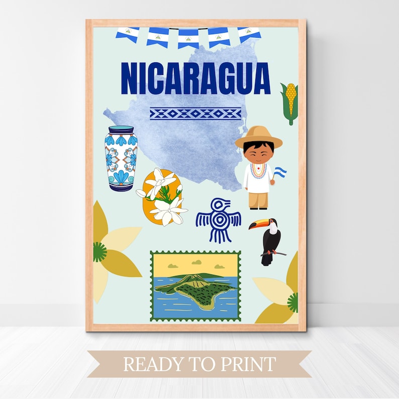 May include: A framed print featuring the word "NICARAGUA" in blue, with illustrations of a map, a toucan, a person in traditional clothing, and other cultural symbols. The phrase "READY TO PRINT" is at the bottom.