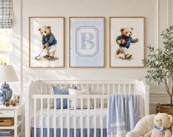 May include: Three framed wall art prints featuring a teddy bear playing golf, a large letter B with the name Ben, and a teddy bear running with a football. The prints are displayed in gold frames and feature a blue and white color palette.
