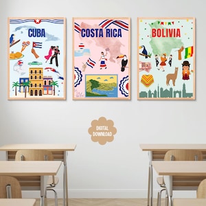 May include: Three framed travel-themed prints featuring Cuba, Costa Rica, and Bolivia. Each print has a light background with illustrations of landmarks, flags, and cultural elements. The Cuba print has a blue background, the Costa Rica print has a pink background, and the Bolivia print has a green background.