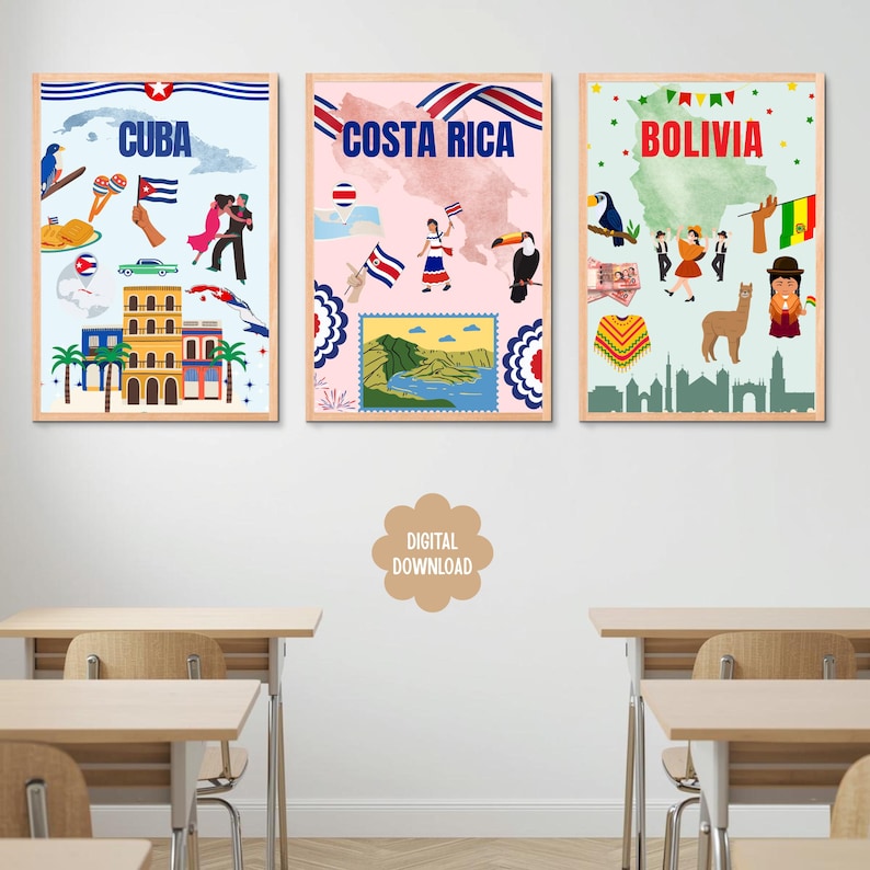 May include: Three framed travel-themed prints featuring Cuba, Costa Rica, and Bolivia. Each print has a light background with illustrations of landmarks, flags, and cultural elements. The Cuba print has a blue background, the Costa Rica print has a pink background, and the Bolivia print has a green background.