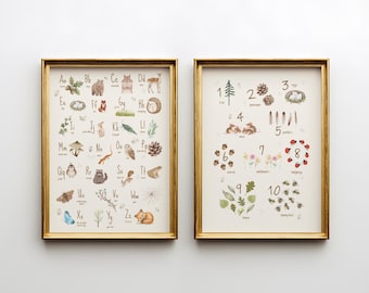 Woodland Alphabet & Numbers Poster Set | Watercolor Nursery ABCs Wall Art