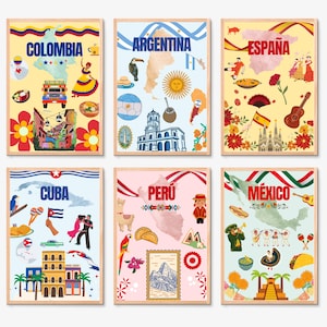 May include: Six framed travel posters featuring colorful illustrations of Colombia, Argentina, Espa&ntilde;a, Cuba, Per&uacute;, and M&eacute;xico. Each poster includes country names, flags, maps, and cultural icons like dancers, landmarks, and food items.