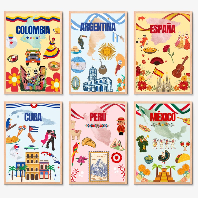 May include: Six framed travel posters featuring colorful illustrations of Colombia, Argentina, Espa&ntilde;a, Cuba, Per&uacute;, and M&eacute;xico. Each poster includes country names, flags, maps, and cultural icons like dancers, landmarks, and food items.