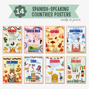 Puede incluir: Un conjunto de 14 carteles con ilustraciones de países de habla hispana. Cada cartel presenta un mapa, banderas e iconos culturales. Los carteles están listos para imprimir e incluyen países como México, España y Cuba.