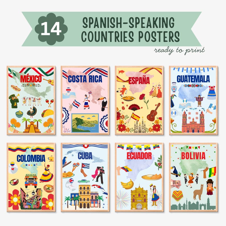 May include: A collection of 14 posters featuring illustrations of Spanish-speaking countries. Each poster has a map, flags, and cultural icons. The posters are ready to print and include countries like Mexico, Spain, and Cuba.