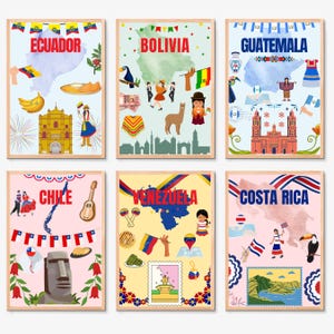 May include: Six framed travel art prints featuring illustrations of Ecuador, Bolivia, Guatemala, Chile, Venezuela, and Costa Rica. Each print includes the country's name, a map outline, and cultural icons like flags, landmarks, and traditional clothing.