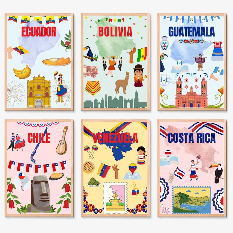 May include: Six framed travel art prints featuring illustrations of Ecuador, Bolivia, Guatemala, Chile, Venezuela, and Costa Rica. Each print includes the country's name, a map outline, and cultural icons like flags, landmarks, and traditional clothing.