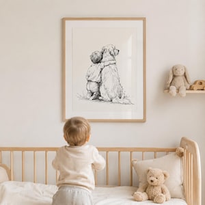 May include: A framed black and white line art print featuring a child with an arm around a large dog. The illustration is rendered in a sketch style on a light background, depicting the pair sitting together in a quiet, peaceful pose.