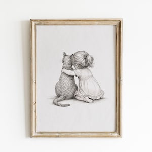 May include: Pencil sketch art print in a wooden frame. The artwork depicts a young child hugging a cat. The child is wearing a dress, and the cat is sitting. The artwork is in grayscale and has a vintage aesthetic.