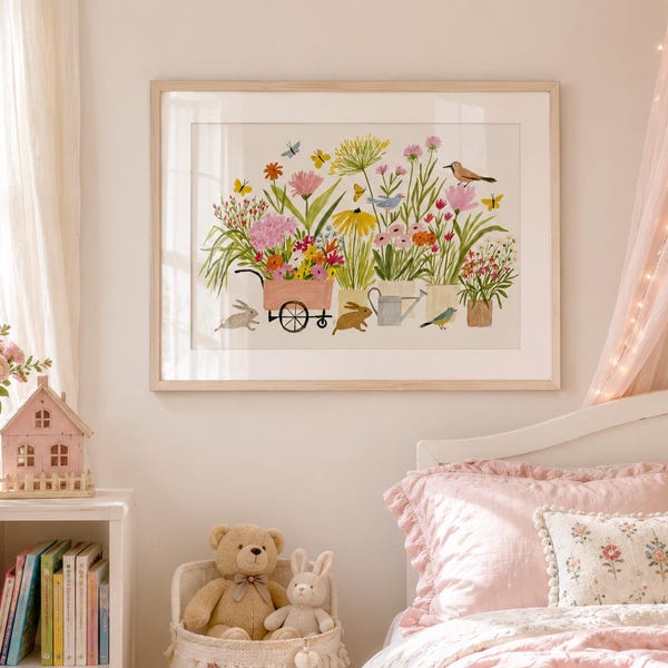Spring Garden Wall Art, Bunny Nursery Print, Floral Garden Poster, Cottagecore Wall Decor, Whimsical Botanical Nursery Art