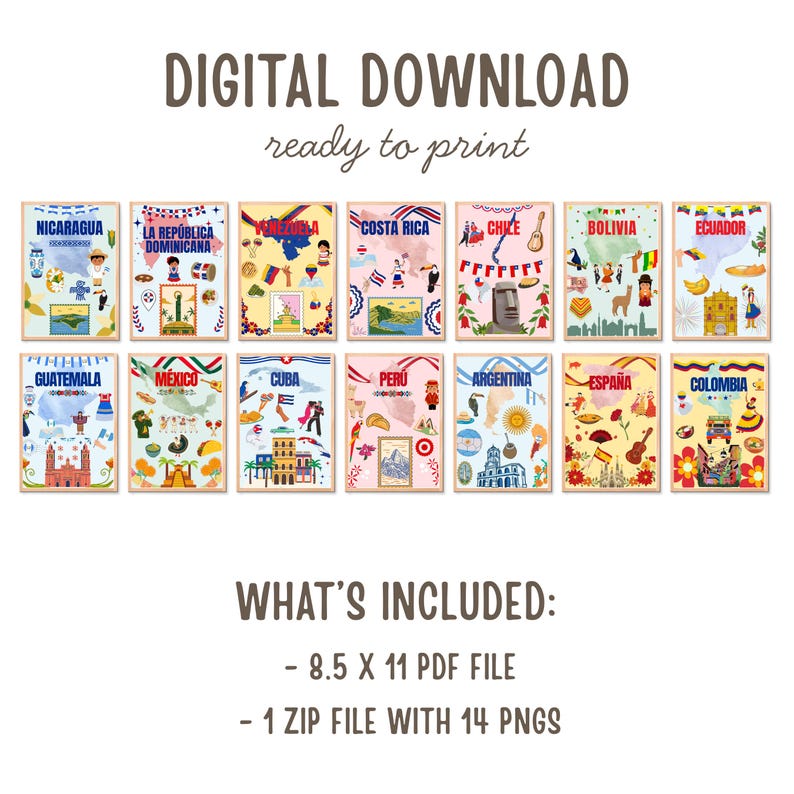 May include: Digital download featuring colorful illustrations of various Latin American countries, including Nicaragua, Costa Rica, and Mexico. Each framed print showcases cultural symbols and landmarks. The text reads "Digital Download" and "ready to print."