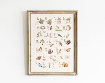 Woodland Alphabet Poster | Watercolor Nursery ABCs Wall Art