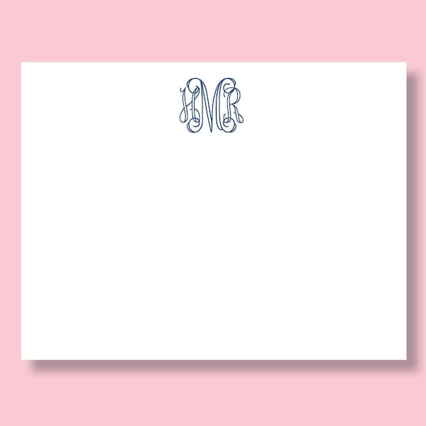 Open Script Monogram Stationery: Personalized Set of 15 Flat Note Cards or 50 Page Notepad
