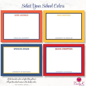 May include: Four blank note cards with colored borders and text. The top left card is orange with blue text that says "Lexie Lazarus" and "Syracuse University". The top right card is yellow with black text that says "Max Rentole" and "University of Missouri". The bottom left card is blue with yellow text that says "Spencer Zenor" and "University of Michigan". The bottom right card is red with blue text that says "Olivia Stampton" and "University of Kansas".
