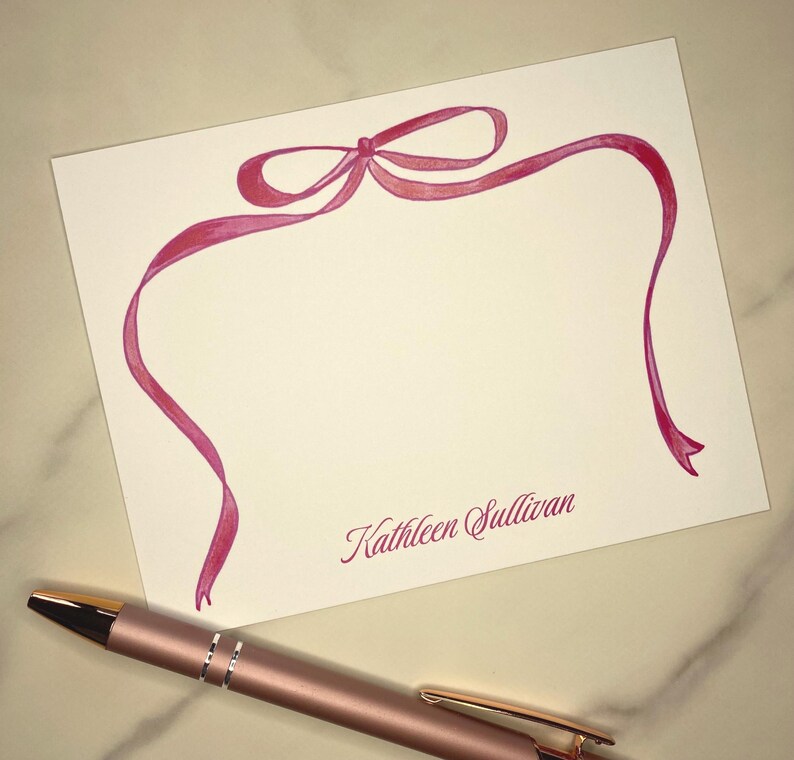 Personalized Pink Bow Stationery ~ Set of 15 Flat Cards/envelopes OR 50 ...