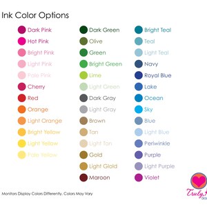 May include: A chart showing ink color options for a product. The chart is divided into three columns, with each column representing a different color category: pink, green, and blue. Each color category has a list of color names with a corresponding colored circle next to each name.