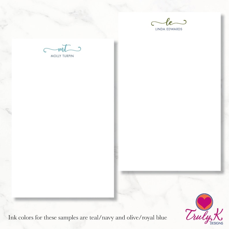 May include: Two blank stationery note cards with personalized monograms. The top card features the monogram "mt" in teal blue with the name "Molly Turpin" below. The bottom card features the monogram "le" in olive green with the name "Linda Edwards" below. The text "Ink colors for these samples are teal/navy and olive/royal blue" is at the bottom of the image.