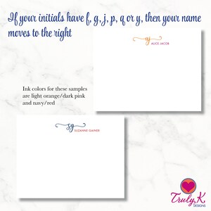 May include: Two examples of stationery with handwritten initials and names. The first example is in orange and gold and says "aj Alice Jacob". The second example is in navy blue and red and says "sg Suzanne Gainer". The text "Ink colors for these samples are light orange/dark pink and navy/red" is also visible. The bottom right corner of the image shows a logo with a heart and the text "Truly K. DESIGNS".