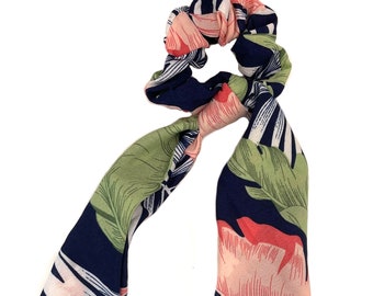Tropical Floral Safari Colorful Coral Navy Green Boho Hair Scrunchie Scarf