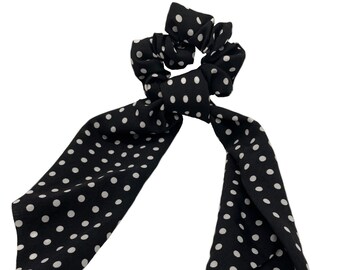 Black With White Polkadots Pinup Rockabilly Boho Hair Scrunchie Scarf