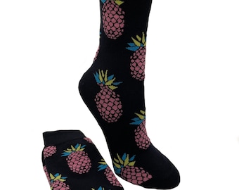 Pineapple Black and Pink Summer Fun Midcalf Socks Women