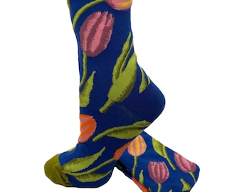 Spring Summer Blue Tulip Floral Midcalf Socks Women