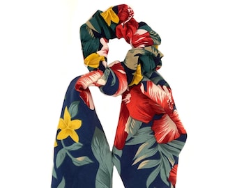 Tropical Floral Colorful Coral Blue Red Green Gold Boho Hair Scrunchie Scarf