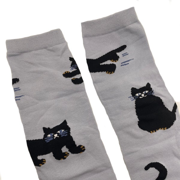 Gray w/black cats Tabi Socks, Japanese Style, Split-Toe, Mid-Calf, Kimono, Flip Flop