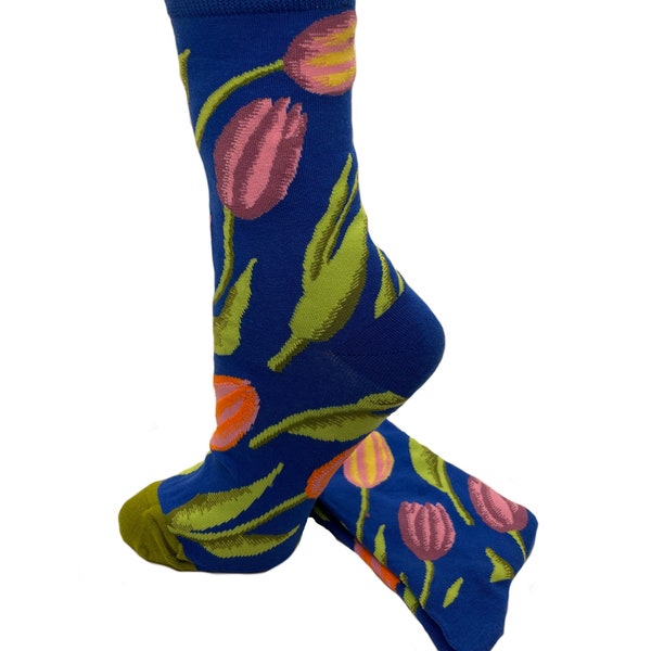 Spring Summer Blue Tulip Floral Midcalf Socks Women