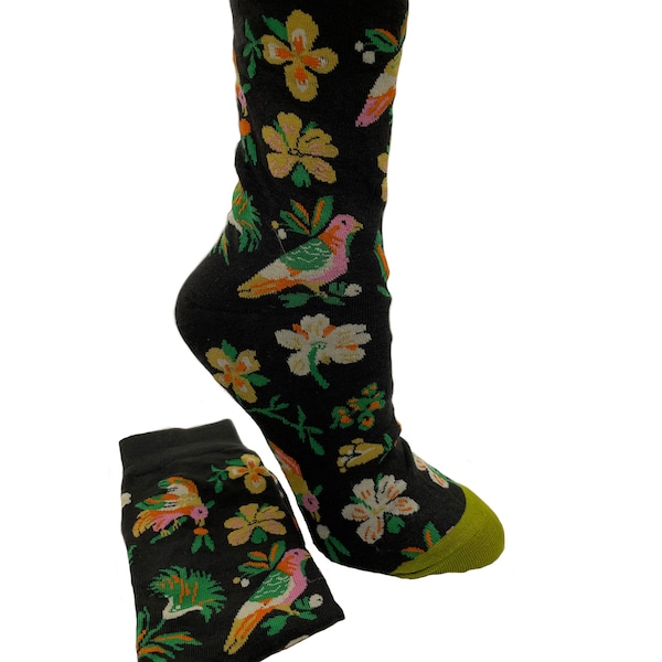 Spring Summer Birds Nature Floral Black Midcalf Socks Women