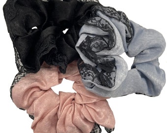 Set of 3 Black Blue Pink with Lace Hair Scrunchies Messy Bun Ponytail