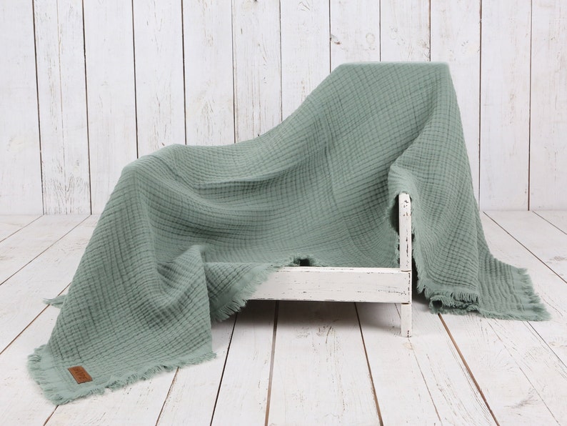 BALSAM GREEN Muslin Blanket Personalized Organic Muslin Swaddle Sofa