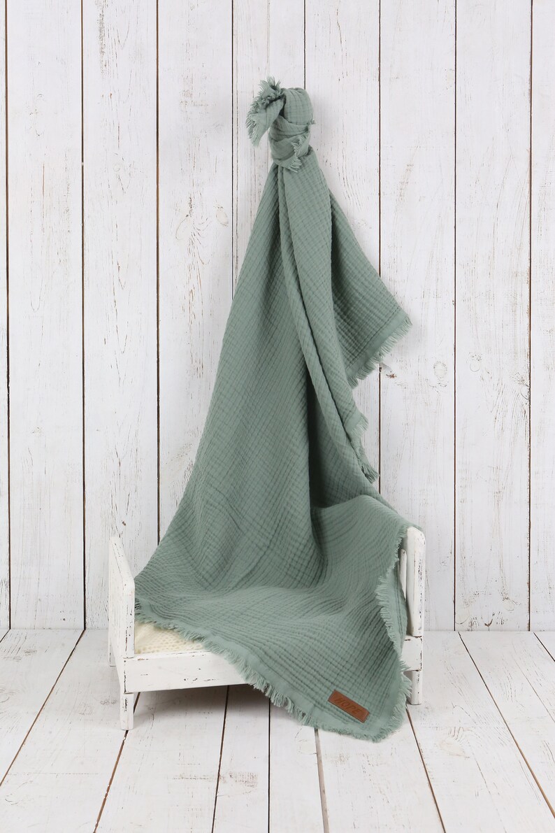 BALSAM GREEN Muslin Blanket Personalized Organic Muslin Swaddle Sofa