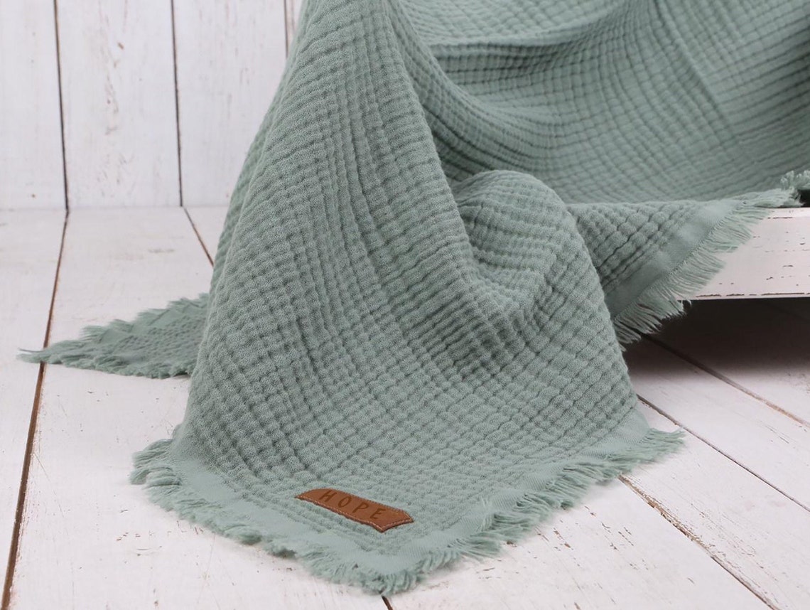 BALSAM GREEN Muslin Blanket Personalized Organic Muslin Swaddle Sofa Blanket With Fringes 44