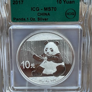 2017 China 10Y Silver Panda Plata Fina 999 ICG MS70