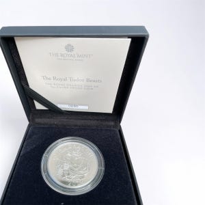 Puede incluir: Una moneda de plata proof con un diseño de dragón, presentada en una caja negra. La moneda está dentro de una cápsula protectora transparente. Se incluye un certificado de autenticidad con el texto The Royal Tudor Beasts, The Royal Dragon 2026 UK.