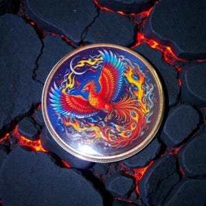 Może przedstawiać: Okrągła moneta z żywym wzorem feniksa. Ptak przedstawiony jest z czerwonymi, pomarańczowymi, żółtymi i niebieskimi piórami, na tle gwiaździstego niebieskiego nieba z księżycem w kształcie półksiężyca. Moneta ma złoty brzeg.