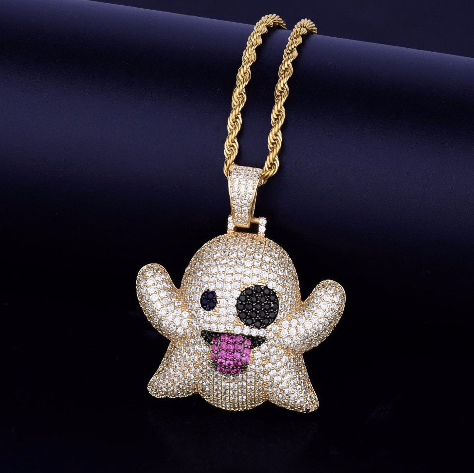 Snapchat Ghost Pendant Chain Gold Necklace Iced Out Jewellery Etsy