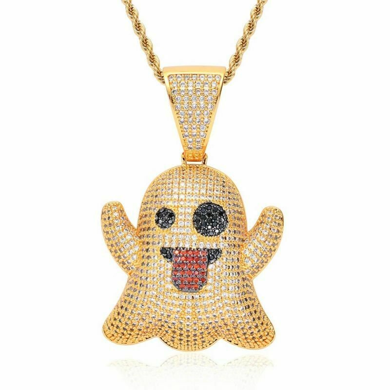 Snapchat Ghost Pendant Chain Gold Necklace Iced Out Jewellery Etsy
