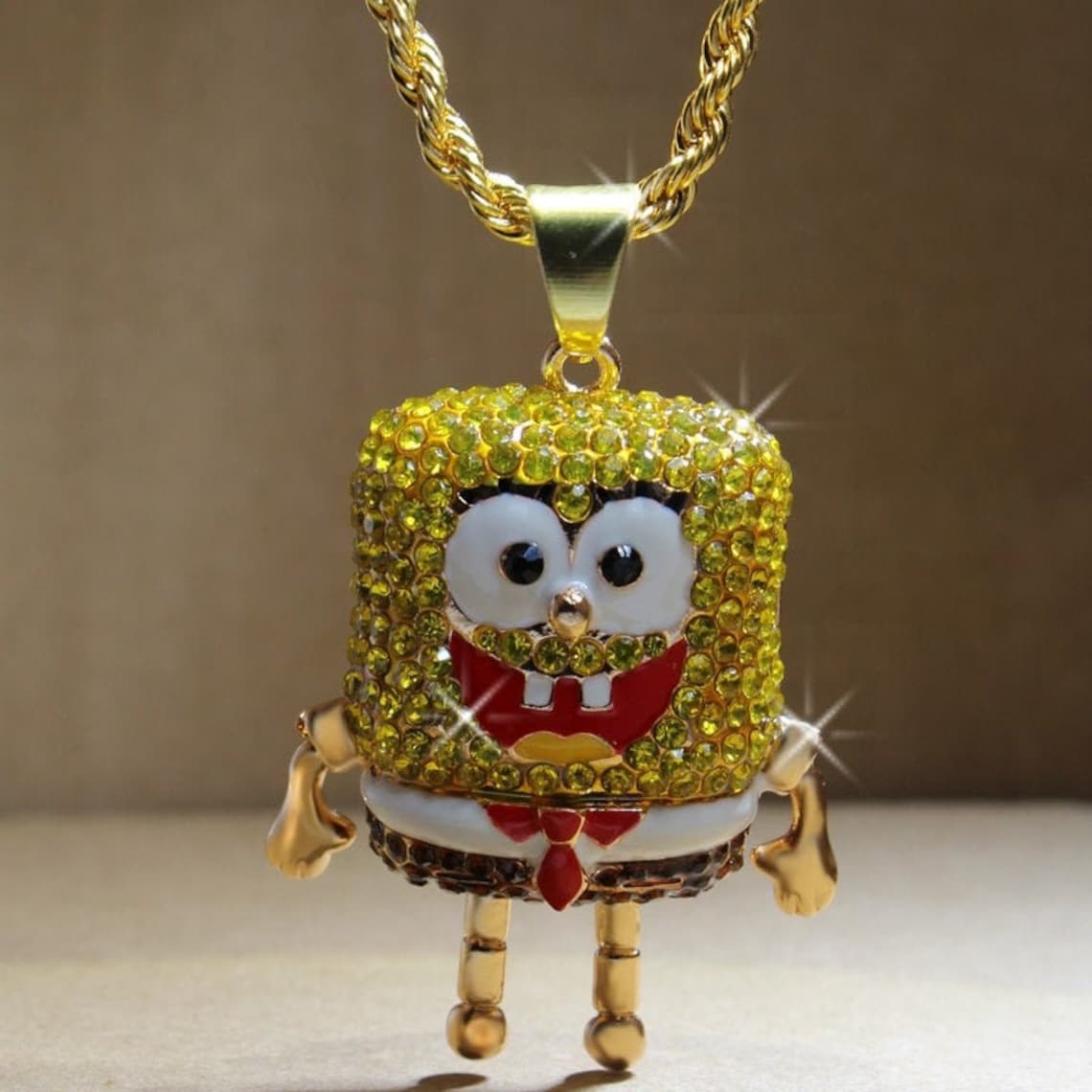 Spongebob Pendant Gold 14k Shiny Iced Out Necklace Chain Etsy