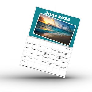 June 2024 Calendar page with a sunset photo on top and photography prompts listed for each day of the month below.