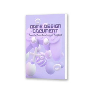 Op de afbeelding: Een paars boek met de titel "Game Design Document" en de ondertitel "Essential Game Development Workbook". De omslag toont een 3D-illustratie van een paarse videogamecontroller en kleurrijke geometrische vormen.